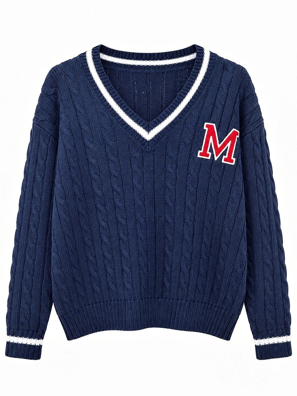 Refuge Navy Cable Knit Varsity V-Neck Sweater Red M Patch Size S